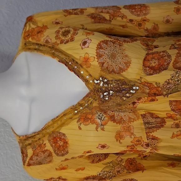 SERENADE Yellow Metallic Floral Sheer Bedazzled V-Neck Blouse - Picture 4 of 8
